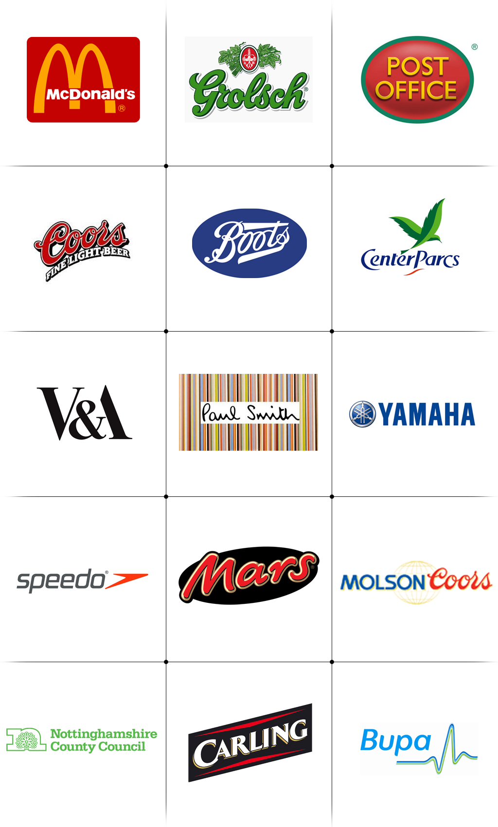 Clients I've worked with included Mcdonalds, Grolsch, Post Office, Coors, Boots, V&A, Speedo, NUS, Nottinghamshire County council, Centerparcs and many others